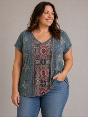 Style & Co. Women’s Printed V-Neck Tee Top Blue Boho Floral XL